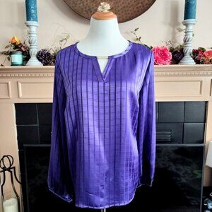 Liz Claiborne Purple Satin Blouse Top XL Long Sleeve Woven Keyhole Metal Trim